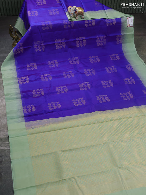 Pure kanchipuram silk saree blue and pastel green with zari woven buttas and simple border