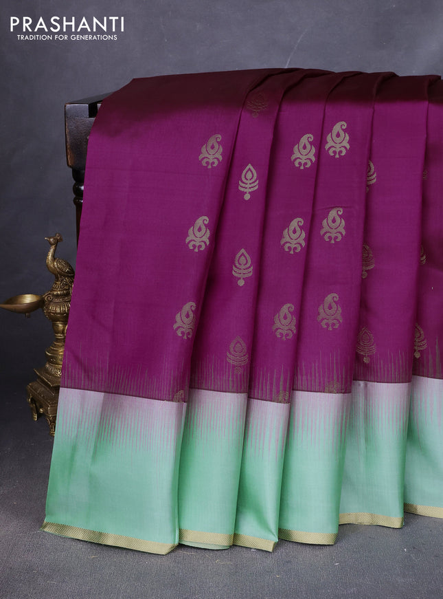 Pure kanchipuram silk saree purple and pista green with zari woven buttas and simple zari woven border