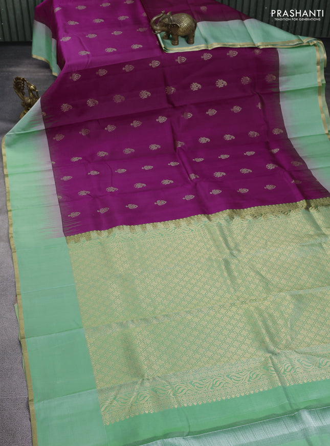 Pure kanchipuram silk saree purple and pista green with zari woven buttas and simple zari woven border