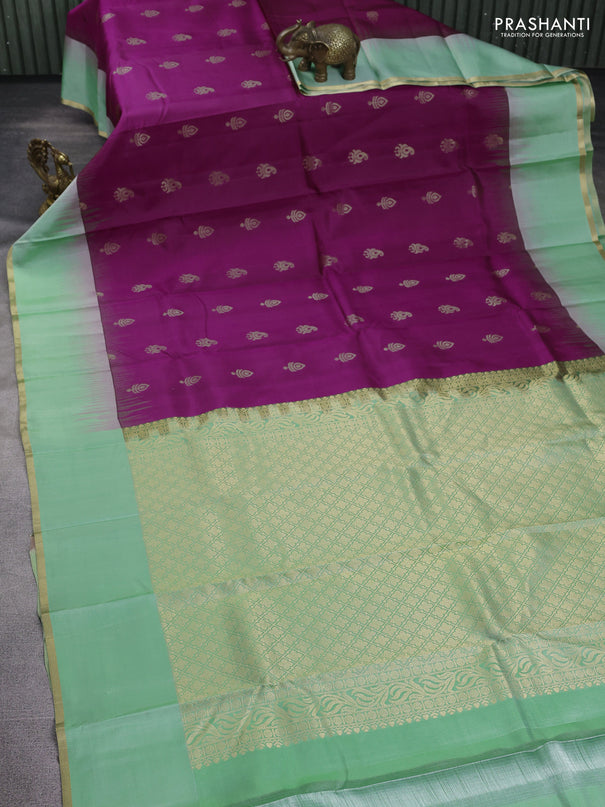 Pure kanchipuram silk saree purple and pista green with zari woven buttas and simple zari woven border
