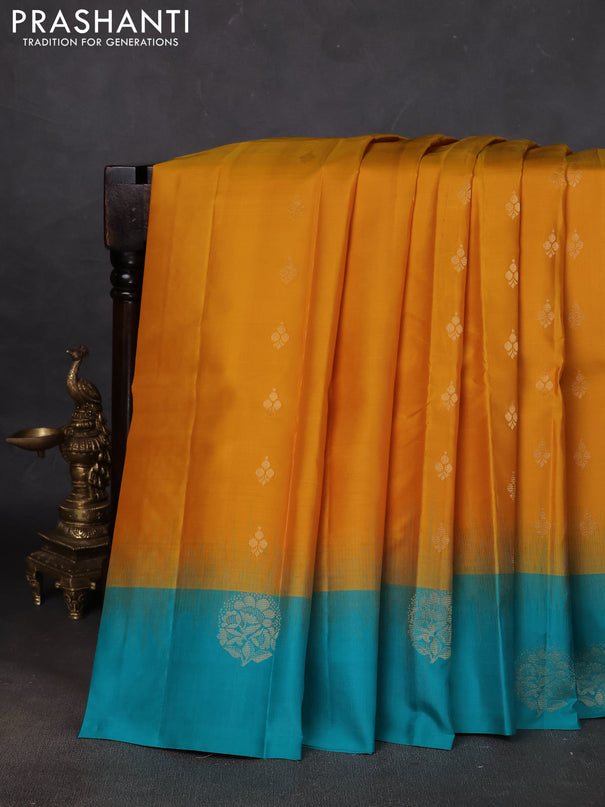 Pure kanchipuram silk saree yellow and teal green with zari woven buttas and simple zari woven border