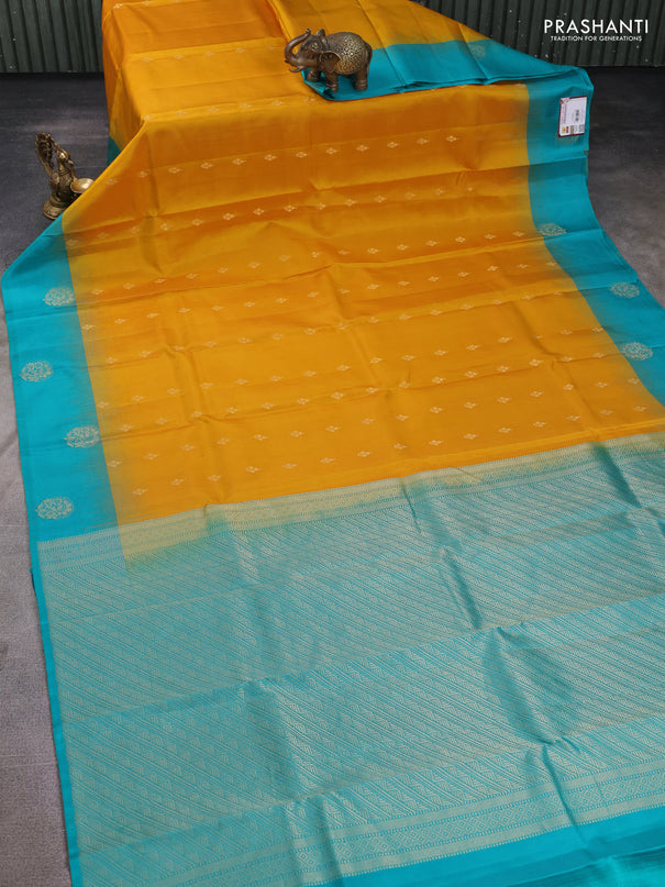 Pure kanchipuram silk saree yellow and teal green with zari woven buttas and simple zari woven border