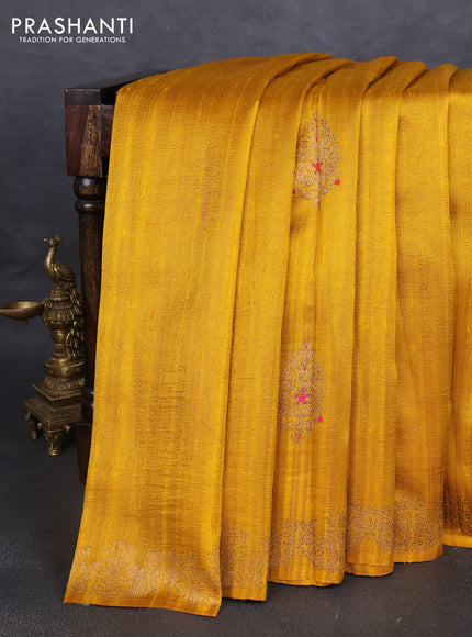 Banarasi raw silk saree mustard yellow with allover zari woven checked pattern and woven butta border
