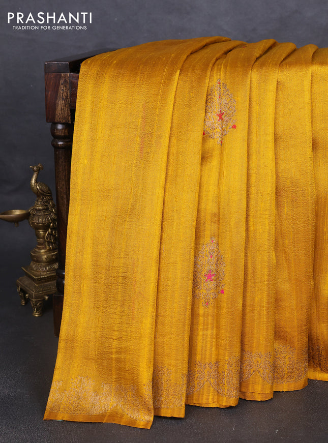 Banarasi raw silk saree mustard yellow with allover zari woven checked pattern and woven butta border