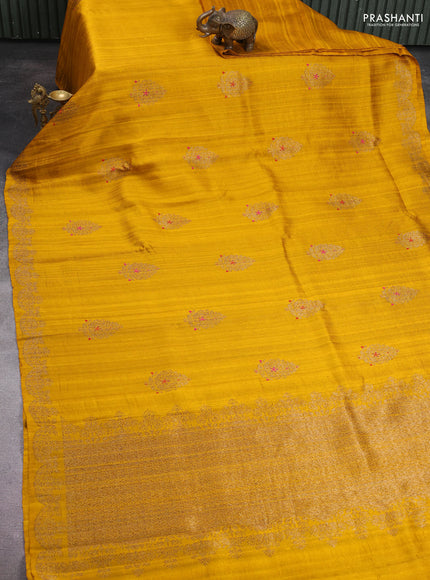 Banarasi raw silk saree mustard yellow with allover zari woven checked pattern and woven butta border