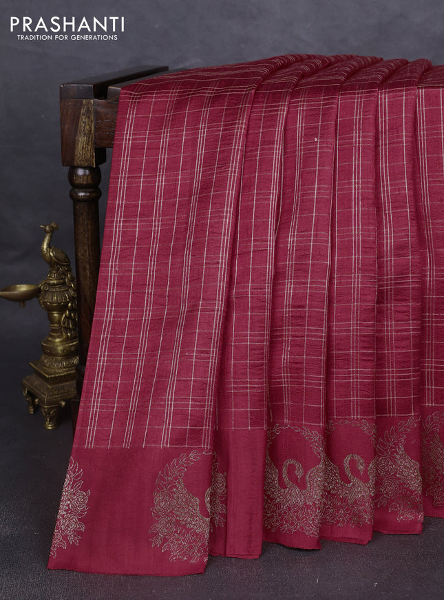 Banarasi raw silk saree red with allover zari woven checked pattern and woven butta border