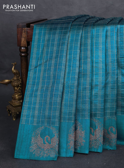 Banarasi raw silk saree peacock green with allover zari woven checked pattern and woven butta border