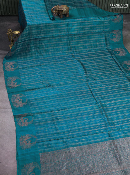 Banarasi raw silk saree peacock green with allover zari woven checked pattern and woven butta border