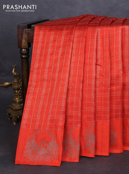 Banarasi raw silk saree orange with allover zari woven checked pattern and woven butta border