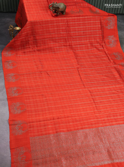 Banarasi raw silk saree orange with allover zari woven checked pattern and woven butta border