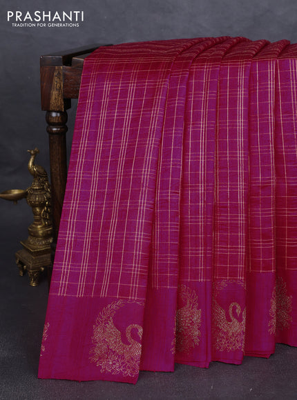 Banarasi raw silk saree pink with allover zari woven checked pattern and woven butta border