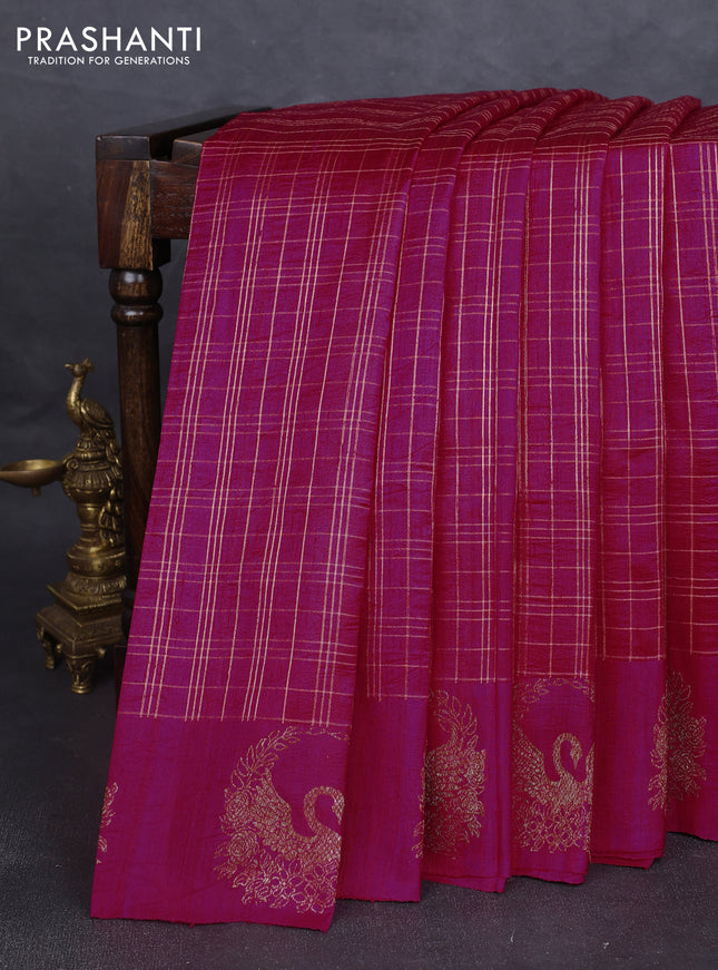 Banarasi raw silk saree pink with allover zari woven checked pattern and woven butta border