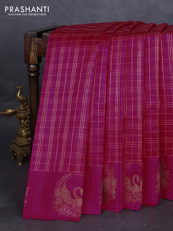 Banarasi raw silk saree pink with allover zari woven checked pattern and woven butta border