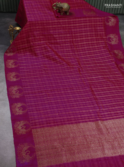 Banarasi raw silk saree pink with allover zari woven checked pattern and woven butta border