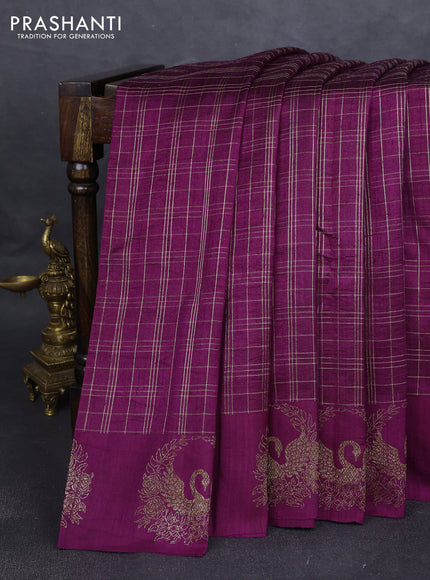 Banarasi raw silk saree deep purple with allover zari woven checked pattern and woven butta border
