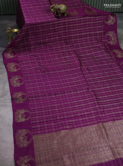 Banarasi raw silk saree deep purple with allover zari woven checked pattern and woven butta border