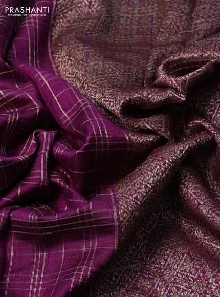 Banarasi raw silk saree deep purple with allover zari woven checked pattern and woven butta border