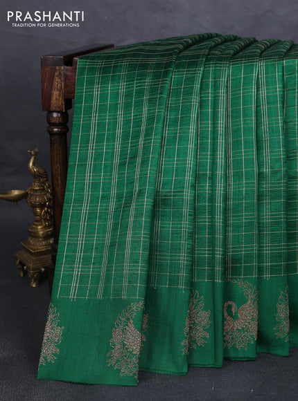 Banarasi raw silk saree green with allover zari woven checked pattern and woven butta border