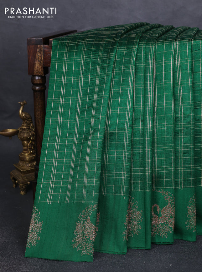 Banarasi raw silk saree green with allover zari woven checked pattern and woven butta border