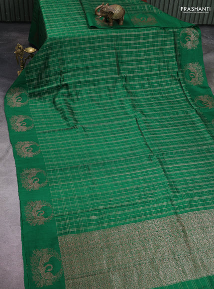 Banarasi raw silk saree green with allover zari woven checked pattern and woven butta border