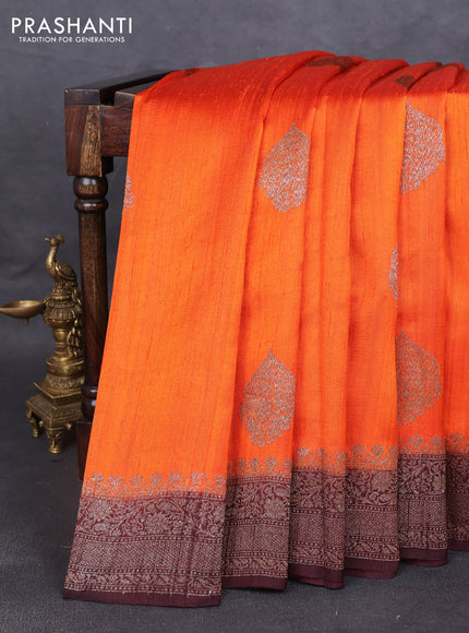 Banarasi raw silk saree orange and coffee brown with thread & zari woven buttas and woven border