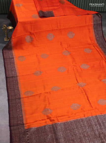 Banarasi raw silk saree orange and coffee brown with thread & zari woven buttas and woven border