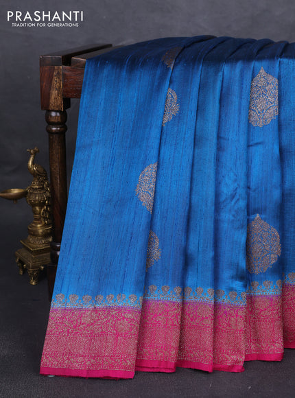 Banarasi raw silk saree peacock blue and pink with thread & zari woven buttas and woven border