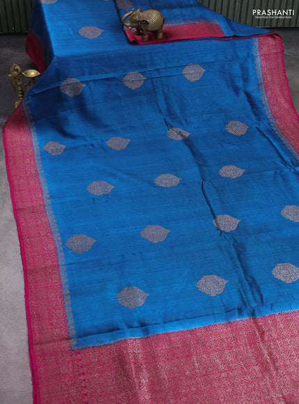 Banarasi raw silk saree peacock blue and pink with thread & zari woven buttas and woven border