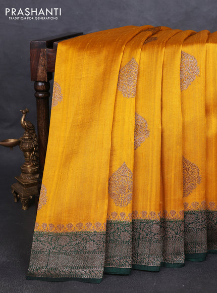 Banarasi raw silk saree yellow and bottle green with thread & zari woven buttas and woven border