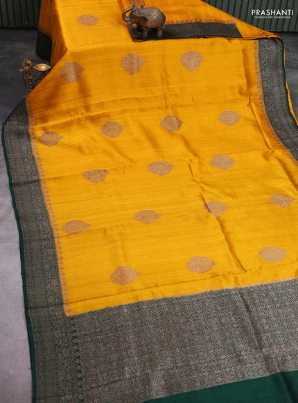 Banarasi raw silk saree yellow and bottle green with thread & zari woven buttas and woven border