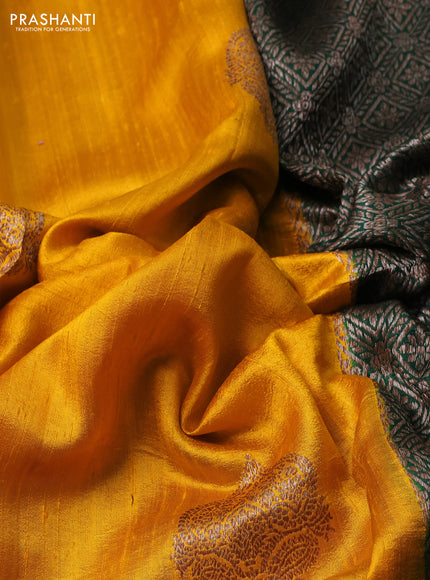 Banarasi raw silk saree yellow and bottle green with thread & zari woven buttas and woven border