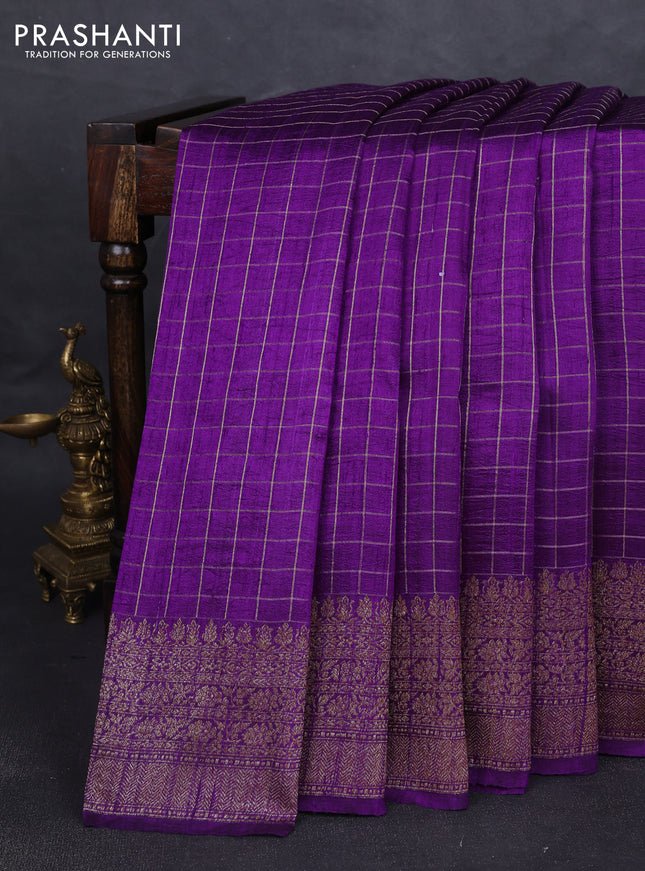 Banarasi raw silk saree violet with allover zari woven checked pattern and woven butta border