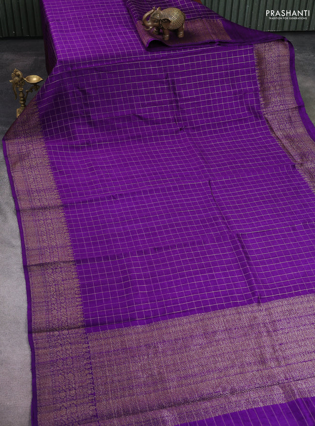 Banarasi raw silk saree violet with allover zari woven checked pattern and woven butta border