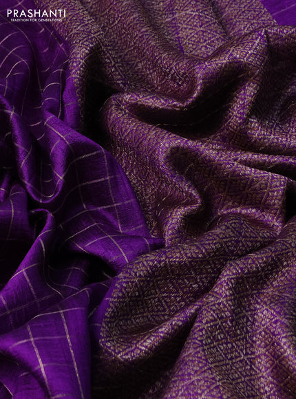 Banarasi raw silk saree violet with allover zari woven checked pattern and woven butta border