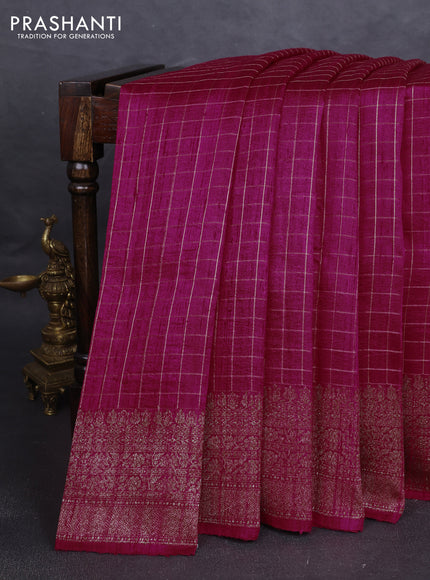 Banarasi raw silk saree pink with allover zari woven checked pattern and woven butta border
