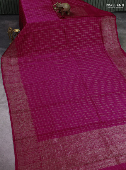Banarasi raw silk saree pink with allover zari woven checked pattern and woven butta border