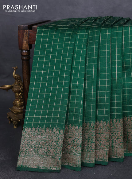 Banarasi raw silk saree green with allover zari woven checked pattern and woven butta border