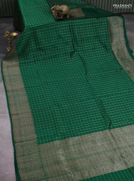 Banarasi raw silk saree green with allover zari woven checked pattern and woven butta border