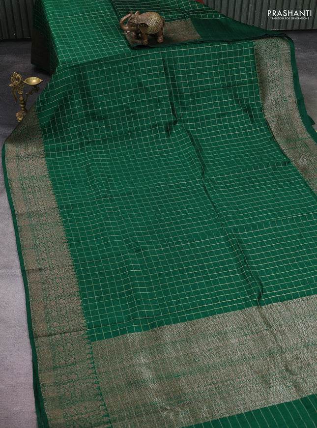 Banarasi raw silk saree green with allover zari woven checked pattern and woven butta border