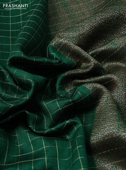 Banarasi raw silk saree green with allover zari woven checked pattern and woven butta border