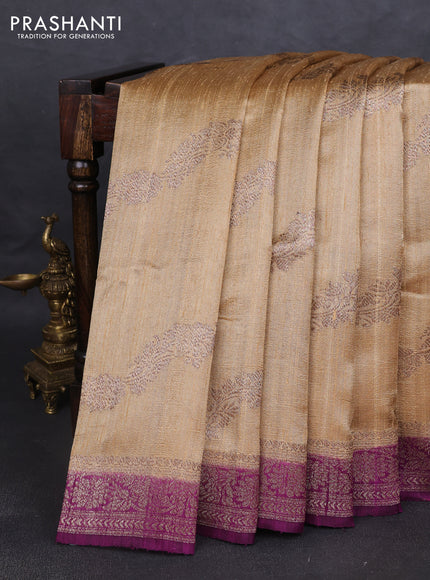 Banarasi raw silk saree sandal and purple with allover thread & zari weaves and woven border