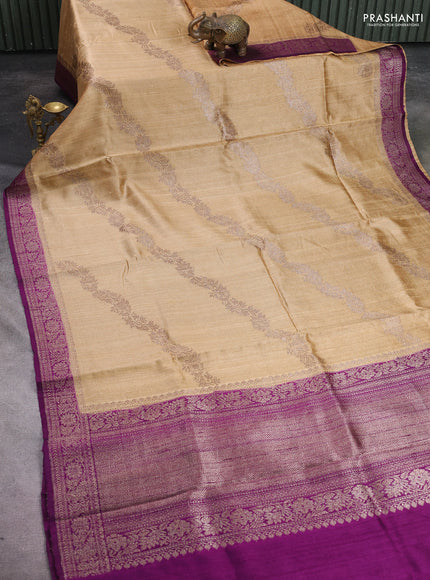 Banarasi raw silk saree sandal and purple with allover thread & zari weaves and woven border