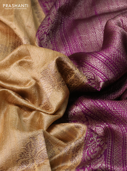 Banarasi raw silk saree sandal and purple with allover thread & zari weaves and woven border
