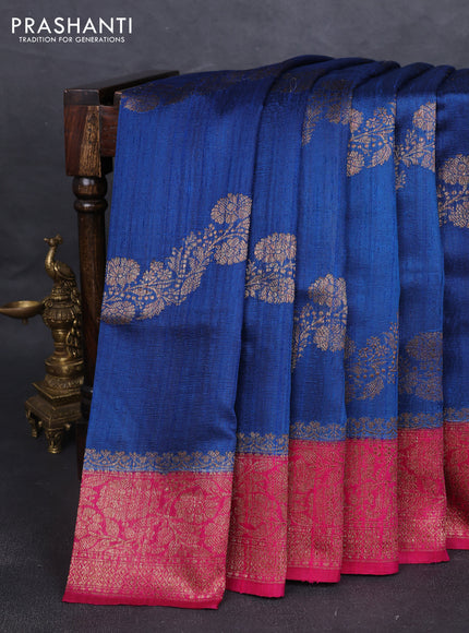 Banarasi raw silk saree peacock blue and pink with allover thread & zari weaves and woven border