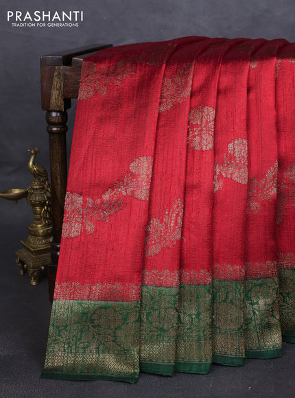 Banarasi raw silk saree red and bottle green with allover thread & zari weaves and woven border