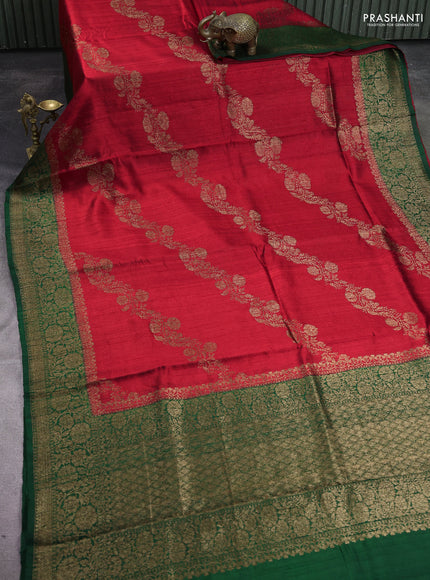 Banarasi raw silk saree red and bottle green with allover thread & zari weaves and woven border