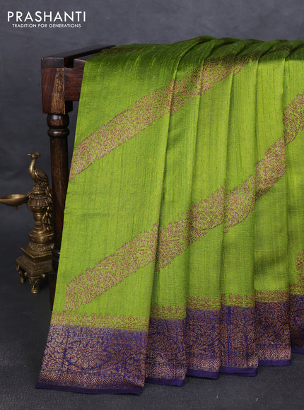 Banarasi raw silk saree light green and dark blue with allover thread & zari weaves and woven border