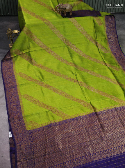 Banarasi raw silk saree light green and dark blue with allover thread & zari weaves and woven border