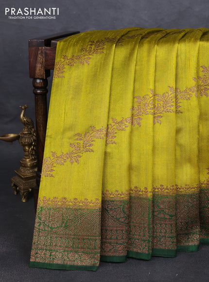 Banarasi raw silk saree lime yellow and bottle green with allover thread & zari weaves and woven border