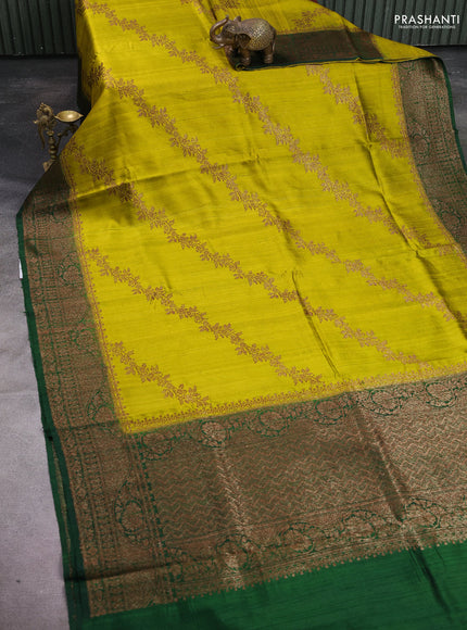 Banarasi raw silk saree lime yellow and bottle green with allover thread & zari weaves and woven border